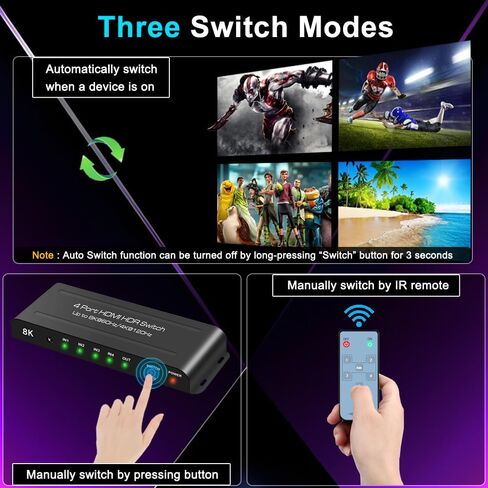 SkycropHD HDMI Switch 4K @ 120 هرتز 8K @ 60 هرتز 4 في 1 خارج HDMI مقسم محول تلقائي مع دعم عن بعد 48 جيجابت في الثانية، HDR10+، HDCP2.3، Dolby Vision، Atmos وCEC in Kuwait