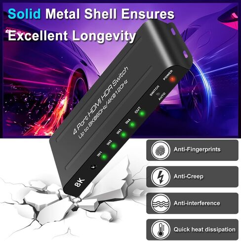 SkycropHD HDMI Switch 4K @ 120 هرتز 8K @ 60 هرتز 4 في 1 خارج HDMI مقسم محول تلقائي مع دعم عن بعد 48 جيجابت في الثانية، HDR10+، HDCP2.3، Dolby Vision، Atmos وCEC in Kuwait