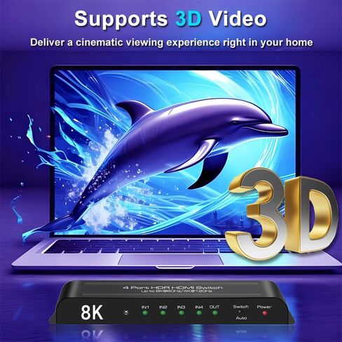 SkycropHD HDMI Switch 4K @ 120 هرتز 8K @ 60 هرتز 4 في 1 خارج HDMI مقسم محول تلقائي مع دعم عن بعد 48 جيجابت في الثانية، HDR10+، HDCP2.3، Dolby Vision، Atmos وCEC in Kuwait