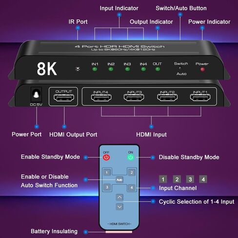 SkycropHD HDMI Switch 4K @ 120 هرتز 8K @ 60 هرتز 4 في 1 خارج HDMI مقسم محول تلقائي مع دعم عن بعد 48 جيجابت في الثانية، HDR10+، HDCP2.3، Dolby Vision، Atmos وCEC in Kuwait