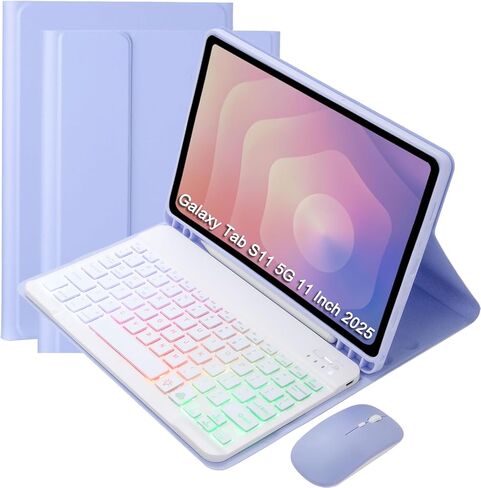 حافظة لوحة المفاتيح لجهاز Samsung Galaxy Tab S11 مقاس 11 بوصة 2025، مجموعة لوحة مفاتيح وماوس لاسلكية قابلة للفصل بإضاءة خلفية RGB بـ 7 ألوان - غطاء حماية قابل للطي مع حامل قلم (SM-X730/SM-X736B) (أرجواني فاتح) in Kuwait