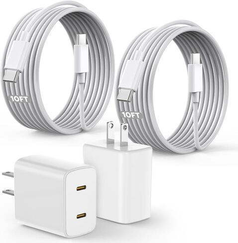 كتلة شحن USB C سريعة 45 وات Apple 17 16 15، قابس شاحن Apple 2 حزمة وأسلاك كابل USB C بطول 10 أقدام، شاحن iPhone 17 شحن سريع، متوافق مع iPhone 17/16/15/Air/Pro/Pro Max/e/Plus/iPad/AirPods in Kuwait