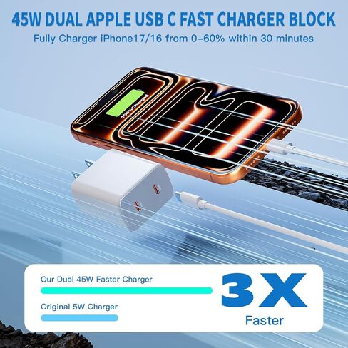كتلة شحن USB C سريعة 45 وات Apple 17 16 15، قابس شاحن Apple 2 حزمة وأسلاك كابل USB C بطول 10 أقدام، شاحن iPhone 17 شحن سريع، متوافق مع iPhone 17/16/15/Air/Pro/Pro Max/e/Plus/iPad/AirPods in Kuwait
