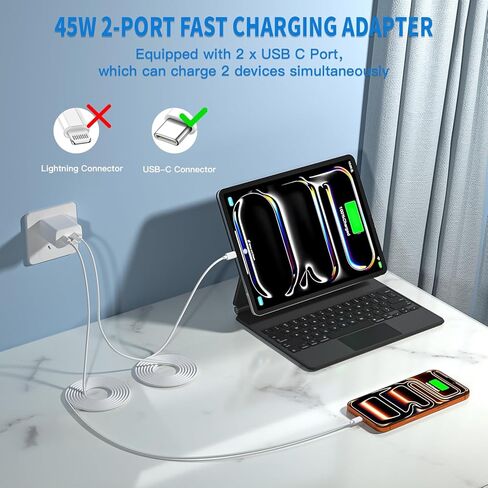 كتلة شحن USB C سريعة 45 وات Apple 17 16 15، قابس شاحن Apple 2 حزمة وأسلاك كابل USB C بطول 10 أقدام، شاحن iPhone 17 شحن سريع، متوافق مع iPhone 17/16/15/Air/Pro/Pro Max/e/Plus/iPad/AirPods in Kuwait