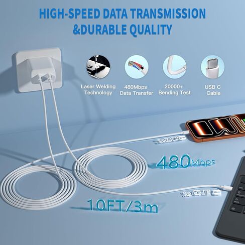 كتلة شحن USB C سريعة 45 وات Apple 17 16 15، قابس شاحن Apple 2 حزمة وأسلاك كابل USB C بطول 10 أقدام، شاحن iPhone 17 شحن سريع، متوافق مع iPhone 17/16/15/Air/Pro/Pro Max/e/Plus/iPad/AirPods in Kuwait