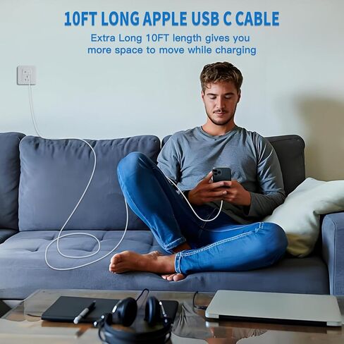 كتلة شحن USB C سريعة 45 وات Apple 17 16 15، قابس شاحن Apple 2 حزمة وأسلاك كابل USB C بطول 10 أقدام، شاحن iPhone 17 شحن سريع، متوافق مع iPhone 17/16/15/Air/Pro/Pro Max/e/Plus/iPad/AirPods in Kuwait