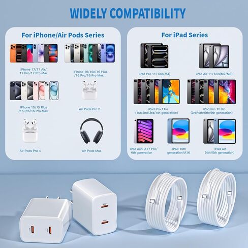 كتلة شحن USB C سريعة 45 وات Apple 17 16 15، قابس شاحن Apple 2 حزمة وأسلاك كابل USB C بطول 10 أقدام، شاحن iPhone 17 شحن سريع، متوافق مع iPhone 17/16/15/Air/Pro/Pro Max/e/Plus/iPad/AirPods in Kuwait