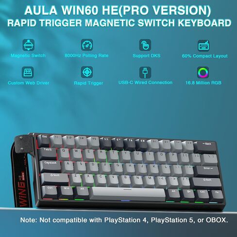 Aula WIN60 HE Pro - لوحة مفاتيح ميكانيكية للألعاب بنسبة 60% سلكية، لوحة مفاتيح مغناطيسية بتأثير القاعة + ماوس ألعاب لاسلكي SOLAKAKA SM850، 24000 نقطة في البوصة قابلة للتعديل، خفيفة الوزن، ماوس لاسلكي مريح in Kuwait