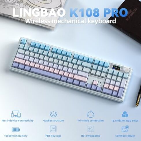 CORBOBO LINGBAO K108 Pro and Mouse Combo, Tri-Mode 2.4GHz/BT/Wired USB Rechargeable Creamy Keyboard with Number Pad+ SM850 Wireless Gaming Mouse Programmable Buttons,24000 DPI Adjustable for PC/Mac in Kuwait