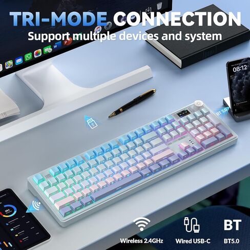 CORBOBO LINGBAO K108 Pro and Mouse Combo, Tri-Mode 2.4GHz/BT/Wired USB Rechargeable Creamy Keyboard with Number Pad+ SM850 Wireless Gaming Mouse Programmable Buttons,24000 DPI Adjustable for PC/Mac in Kuwait