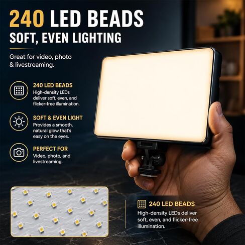Professional LED Video Light Panel, Compatible with Panasonic Lumix G9, 240 LEDs, USB-C Rechargeable 4000mAh Battery, Adjustable Brightness & Color Temperature (Recording & Streaming) in Kuwait