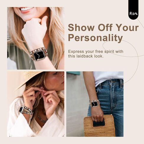 JR.DM Boho Beaded Band Women Compatible with Apple Watch 42mm(S3/2/1) 44mm 45mm 46mm 49mm Brown Stone Bracelet Adjustable Handmade Braided Strap for iWatch Series 11/10/9/8/7/6/5/4/SE 3/2/1/Ultra in Kuwait