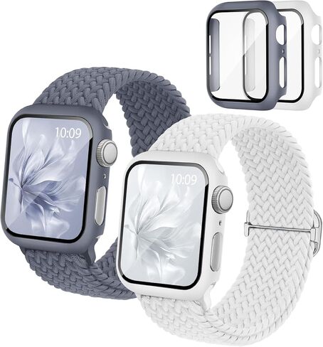 عبوتان من شريط مطاطي مضفر متوافق مع أحزمة وحافظة ساعة Apple مقاس 40 مم 41 مم 42 مم 44 مم 45 مم 46 مم، غطاء واقٍ بحزام مطاطي من النايلون مع واقي شاشة لسلسلة iWatch 11 10 9 8 7 SE 6 5 4 in Kuwait