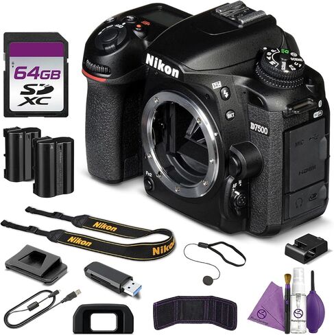 هيكل كاميرا Nikon D7500 DSLR، مستشعر DX بدقة 20.9 ميجابكسل، فيديو 4K UHD، حزمة تصوير 51 نقطة AF 8 إطارًا في الثانية مع بطارية بديلة EN EL15C + مجموعة تنظيف + بطاقة ذاكرة سعة 64 جيجابايت in Kuwait