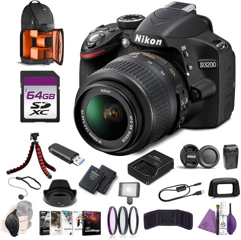 طقم كاميرا Nikon D3200 بدقة 24.2 ميجابكسل DSLR مع مجموعة عدسات VR مقاس 18-55 مم مع طقم تنظيف + حامل ثلاثي القوائم مرن لمدونات الفيديو + غطاء عدسة توليل مقاس 52 مم + مجموعة مرشح + بطاقة ذاكرة سعة 64 جيجابايت + حقيبة ظهر + المزيد in Kuwait