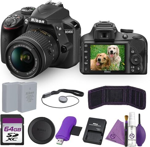 كاميرا نيكون D3400 DSLR مع عدسة AF-P DX NIKKOR مقاس 18-55 مم f/3.5-5.6G VR، مستشعر DX بدقة 24.2 ميجابكسل، حزمة كاملة الوضوح 1080 بكسل مع مجموعة تنظيف + بطاقة ذاكرة 64 جيجابايت + المزيد in Kuwait