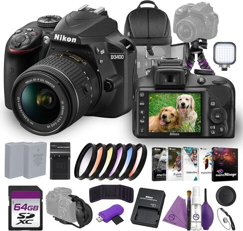 Nikon D3400 Digital SLR Camera with 18-55mm Lens 24.2MP DX Format Full HD Video Bluetooth Bundle with Cleaning Kit + Flexible Vlogging Tripod + 64GB Memory Card + Backpack + More in Kuwait