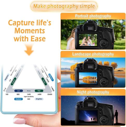 كتاب أوراق الغش للتصوير الفوتوغرافي من AJART للمبتدئين - ملحقات كاميرا Sony Canon Nikon Leica Fuji Ricoh DSLR - بطاقة مرجعية للتصوير الفوتوغرافي مقاس 4 × 3 بوصة تتضمن الإعدادات والأوضاع والتعرض والفتحة وما إلى ذلك in Kuwait