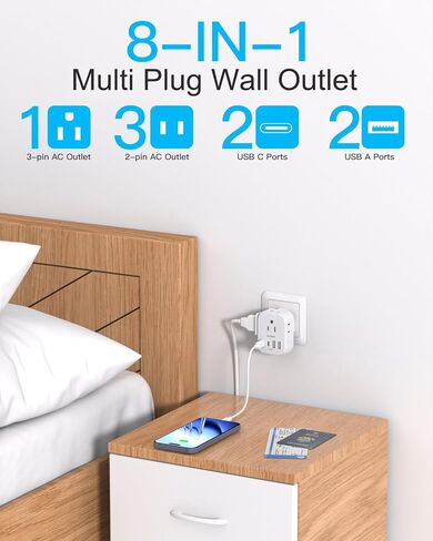 أساسيات سفينة الرحلات البحرية، موسع منافذ حائط متعدد المقابس مع 4 منافذ 4 USB (2 USB-C)، شريط طاقة معتمد من كروز، واقي غير قابل للارتفاع، محول قابس، أبيض + أسود in Kuwait