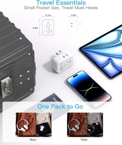 أساسيات سفينة الرحلات البحرية، موسع منافذ حائط متعدد المقابس مع 4 منافذ 4 USB (2 USB-C)، شريط طاقة معتمد من كروز، واقي غير قابل للارتفاع، محول قابس، أبيض + أسود in Kuwait