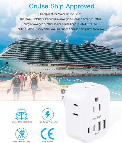 أساسيات سفينة الرحلات البحرية، موسع منافذ حائط متعدد المقابس مع 4 منافذ 4 USB (2 USB-C)، شريط طاقة معتمد من كروز، واقي غير قابل للارتفاع، محول قابس، أبيض + أسود in Kuwait
