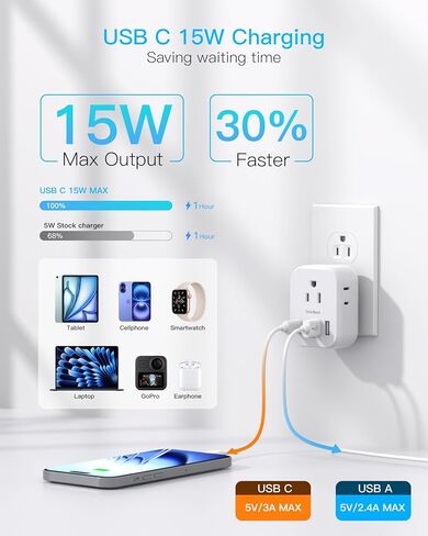 أساسيات سفينة الرحلات البحرية، موسع منافذ حائط متعدد المقابس مع 4 منافذ 4 USB (2 USB-C)، شريط طاقة معتمد من كروز، واقي غير قابل للارتفاع، محول قابس، أبيض + أسود in Kuwait