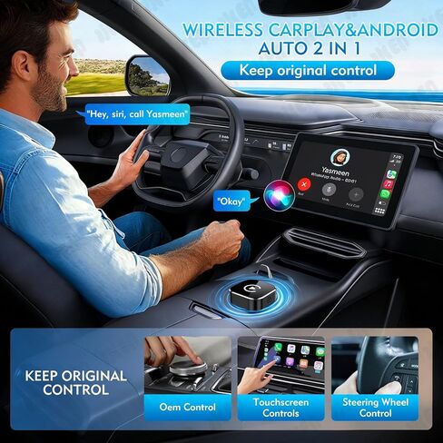 Wireless CarPlay Adapter, 2-in-1 Mini CarPlay & Android Auto Wireless Adapter, Plug & Play, Auto Connect, Car Accessories, Car Play Dongle Compatible with iPhone & Android in Kuwait