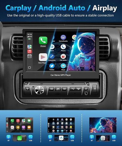 ستيريو سيارة 7 بوصة شاشة لمس واحدة Din راديو بلوتوث مع مشغل Carplay MP5 قابل للطي يدعم Mirrorlink مع شاشة لمس USB/AUX-in/SWC FM/EQ GPS in Kuwait