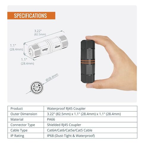 Tecmojo Waterproof Cat 6A Coupler, IP68 Outdoor Ethernet Connector for CAT6/CAT5E/CAT5,Shielded RJ45 Ethernet Extender for IP Camera and PoE Device, 3.2in,6 Pack in Kuwait