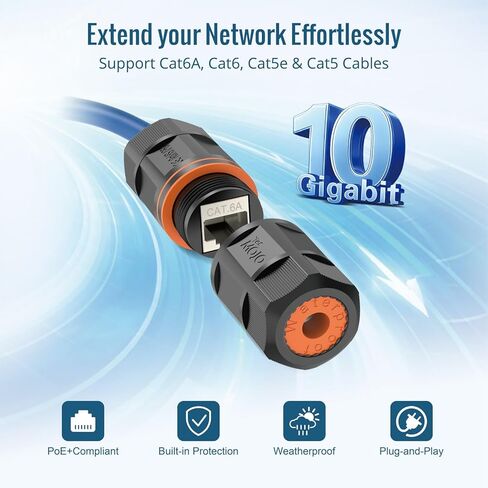 Tecmojo Waterproof Cat 6A Coupler, IP68 Outdoor Ethernet Connector for CAT6/CAT5E/CAT5,Shielded RJ45 Ethernet Extender for IP Camera and PoE Device, 3.2in,6 Pack in Kuwait