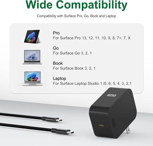 شاحن USB C Surface Pro بقدرة 65 وات متوافق مع Microsoft Surface Pro (2025) 12 11 10 9 8، Surface Pro 13 بوصة (OLED) Snapdragon X Elite، Surface Pro 2 في 1 كمبيوتر محمول/كمبيوتر لوحي 13 بوصة (2024) مساعد الطيار in Kuwait
