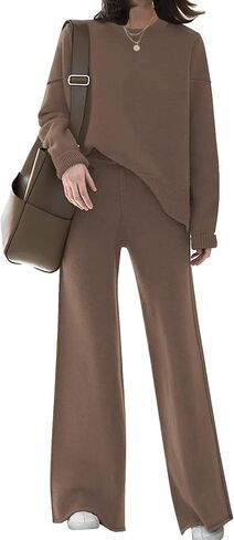 ETCYY NEW Womens Elegant Lounge Sets Knitted Sweatsuit Sets 2 Piece Outfits with Sweater Tops and Wide Leg Sweatpants in Kuwait