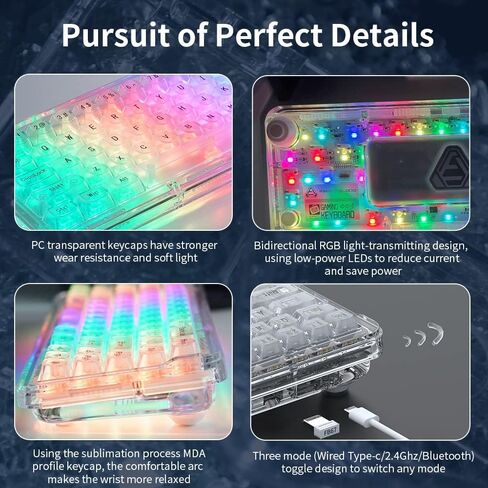 NACODEX 65% Transparent Crystal Acrylic Keyboard with Gasket Mount | ASA Profile PBT Keycaps | Smooth 38g MX Ice Sea Spirit Switch | 3750mAH RGB Hotswap Custom Keyboard (Crystal Transparent) in Kuwait