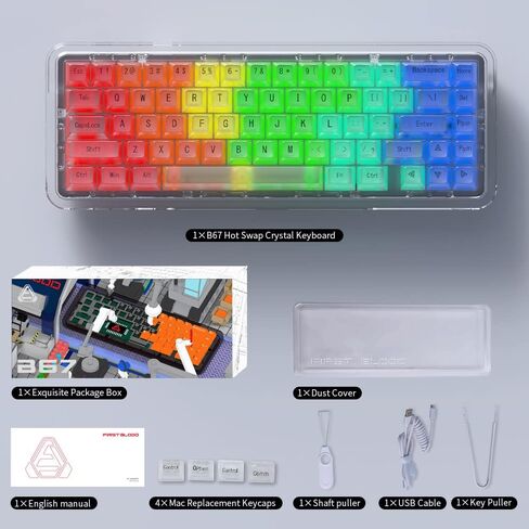 NACODEX 65% Transparent Crystal Acrylic Keyboard with Gasket Mount | ASA Profile PBT Keycaps | Smooth 38g MX Ice Sea Spirit Switch | 3750mAH RGB Hotswap Custom Keyboard (Crystal Transparent) in Kuwait