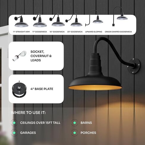 Steel Lighting Co. Topanga Barn Light | Outdoor Wall Mounted | Farmhouse Garage Light Made in America | 14 inch Dome | 16 inch Gooseneck | Matte Black Exterior/White Interior in Kuwait