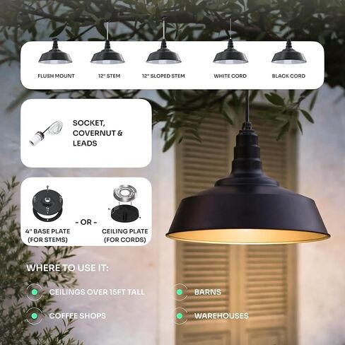 Steel Lighting Co. Manhattan Warehouse Light | Ceiling Mounted Pendant | 20 inch Dome | 12 inch Stem | Large Steel Barn Light Made in America | Matte Black Exterior/White Interior in Kuwait