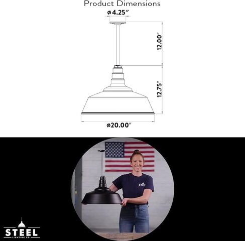 Steel Lighting Co. Manhattan Warehouse Light | Ceiling Mounted Pendant | 20 inch Dome | 12 inch Stem | Large Steel Barn Light Made in America | Matte Black Exterior/White Interior in Kuwait