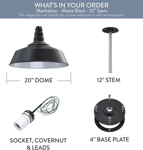 Steel Lighting Co. Manhattan Warehouse Light | Ceiling Mounted Pendant | 20 inch Dome | 12 inch Stem | Large Steel Barn Light Made in America | Matte Black Exterior/White Interior in Kuwait