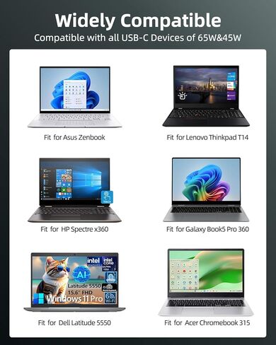 شاحن كمبيوتر محمول Superer 65W/45W USB-C لسلسلة ASUS ZenBook/VivoBook/ChromeBook/ExpertBook، محول تيار متردد من النوع C PD للشحن السريع 20 فولت 3.25 أمبير in Kuwait