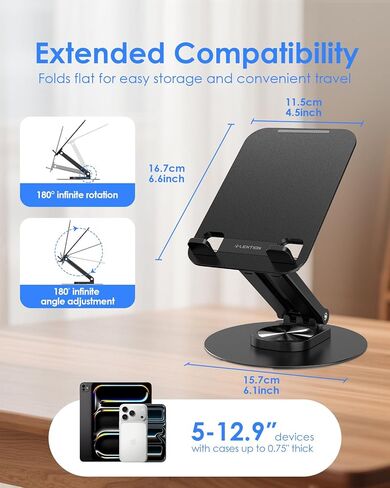 LENTION Adjustable iPad Stand for Desk, Ultra Slim Foldable 360° Rotation Tablet Holder with Metal Base, Portable Stand for iPad Pro, iPad Air, iPad mini, iPhone, Kindle, Home Office Travel Accessory in Kuwait