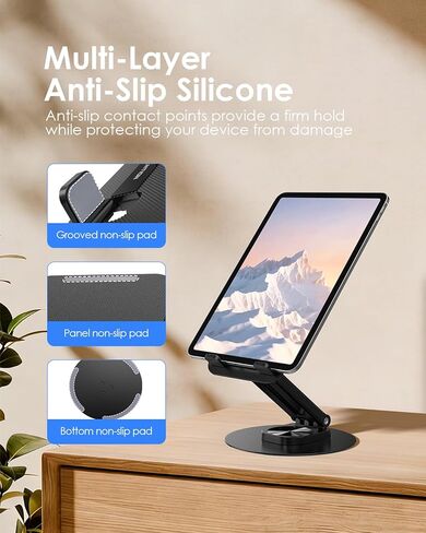 LENTION Adjustable iPad Stand for Desk, Ultra Slim Foldable 360° Rotation Tablet Holder with Metal Base, Portable Stand for iPad Pro, iPad Air, iPad mini, iPhone, Kindle, Home Office Travel Accessory in Kuwait