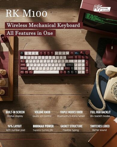 لوحة مفاتيح ميكانيكية لاسلكية RK ROYAL KLUDGE M100 وماوس ألعاب M30، لوحة مفاتيح ألعاب لاسلكية 96% ثلاثية الوضع مع لوحة أرقام، 24000 نقطة في البوصة، 43 جم خفيف الوزن للغاية، مستشعر PAW3311 للكمبيوتر الشخصي/Mac in Kuwait