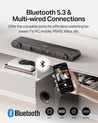 شريط صوت OXS S21 2.1 قناة مع مضخم صوت، صوت دقيق مع صوت جهير عميق، طاقة 240 وات، 3 أوضاع EQ، للمسرح المنزلي/الموسيقى/الألعاب، للتلفزيون، الكمبيوتر الشخصي، Xbox، PS4/5، الهاتف، مضغوط للغاية، إعداد بسيط، أسود in Kuwait