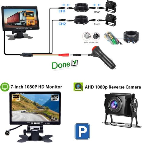 نظام كاميرا احتياطية HD 1080P RV شاشة 7 بوصة مع 2 كاميرا رؤية جانبية خلفية سهلة التركيب IP69 مقاومة للماء رؤية ليلية عالية الدقة لشاحنة RV مقطورة جرار in Kuwait