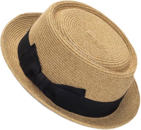 Wide-Brim Straw Sun-Hat for Men Women, Vintage Pork-Pie Hat with Bows for Beach Hiking in Kuwait