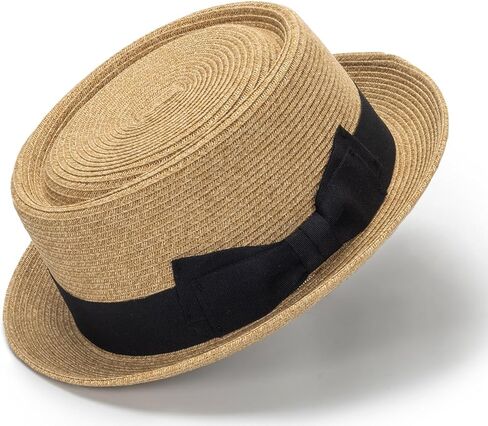 Wide-Brim Straw Sun-Hat for Men Women, Vintage Pork-Pie Hat with Bows for Beach Hiking in Kuwait