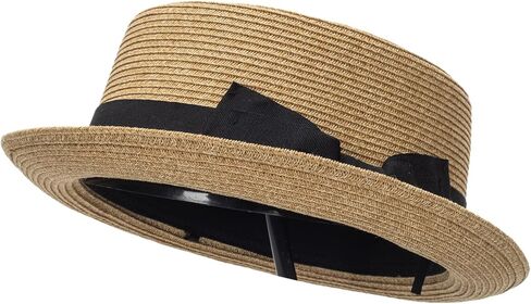 Wide-Brim Straw Sun-Hat for Men Women, Vintage Pork-Pie Hat with Bows for Beach Hiking in Kuwait
