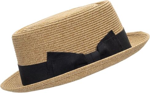Wide-Brim Straw Sun-Hat for Men Women, Vintage Pork-Pie Hat with Bows for Beach Hiking in Kuwait