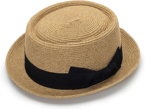 Wide-Brim Straw Sun-Hat for Men Women, Vintage Pork-Pie Hat with Bows for Beach Hiking in Kuwait