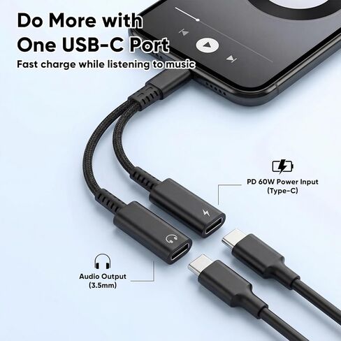 USB C to 3.5mm Headphone and Charger Adapter with PD 60W Fast Charging, 2-in-1 USB Type C to Aux Audio Jack Splitter, for iPhone 17/16/15, Galaxy S25/S24/S23, iPad Pro/Air, Pixel 9/8+ in Saudi Arabia